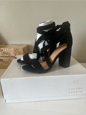 LC Lauren Conrad Black Braided Lace-Up Block Heels